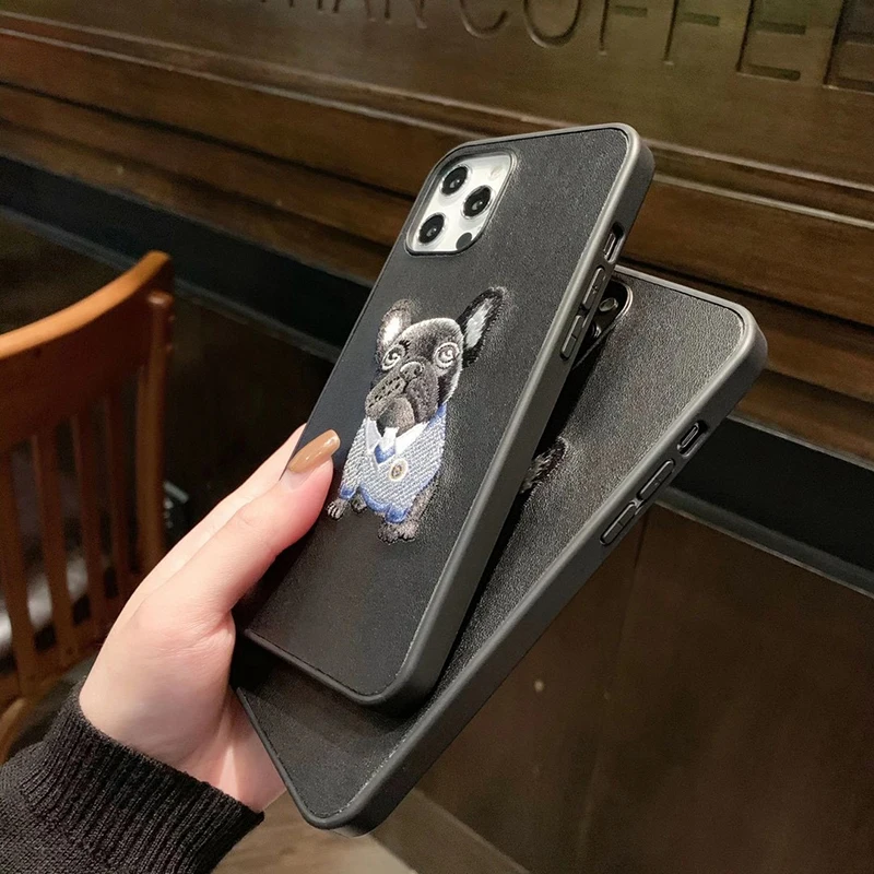 

Luxury embroidery French bulldog Hard leather phone case for iphone 7 8 plus 11 Pro X XS XR MAX 12 MiNi SE lovely cover