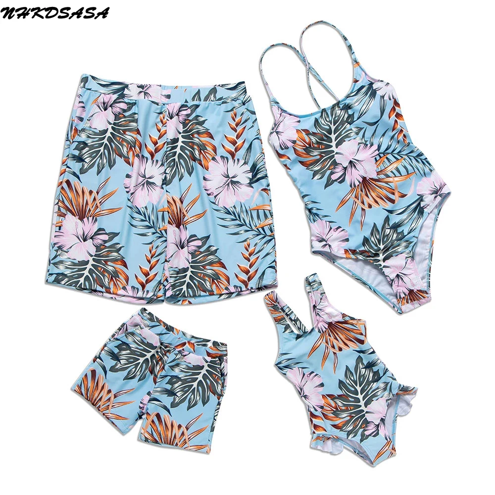 

NHKDSASA Family Matching Swimwear Women Girls One Piece Bathing Suit Newest Men Swim Pants Floral Printed Kids Boys Beachwear