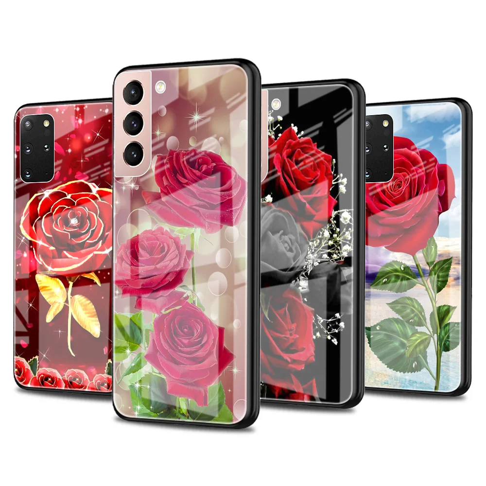 

Glass Case For Samsung S20 FE S21 Phone Cover for Galaxy S10 S9 S8 Plus Note 20 Ultra 10 Lite 9 S10e Coque Red Roses Flowers