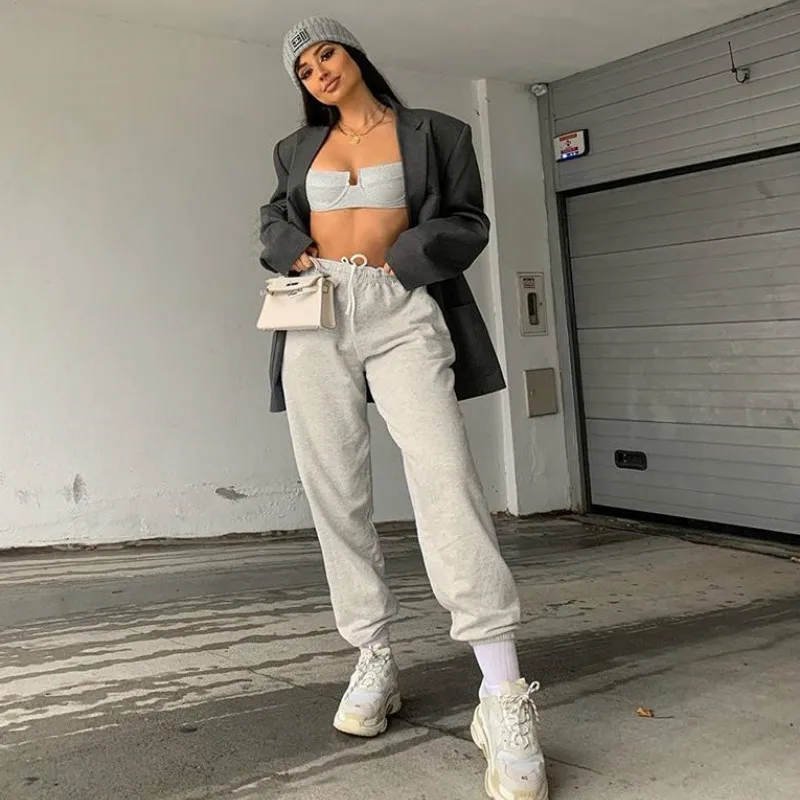 Женские брюки с высокой талией в стиле хип хоп черные повседневные спортивные