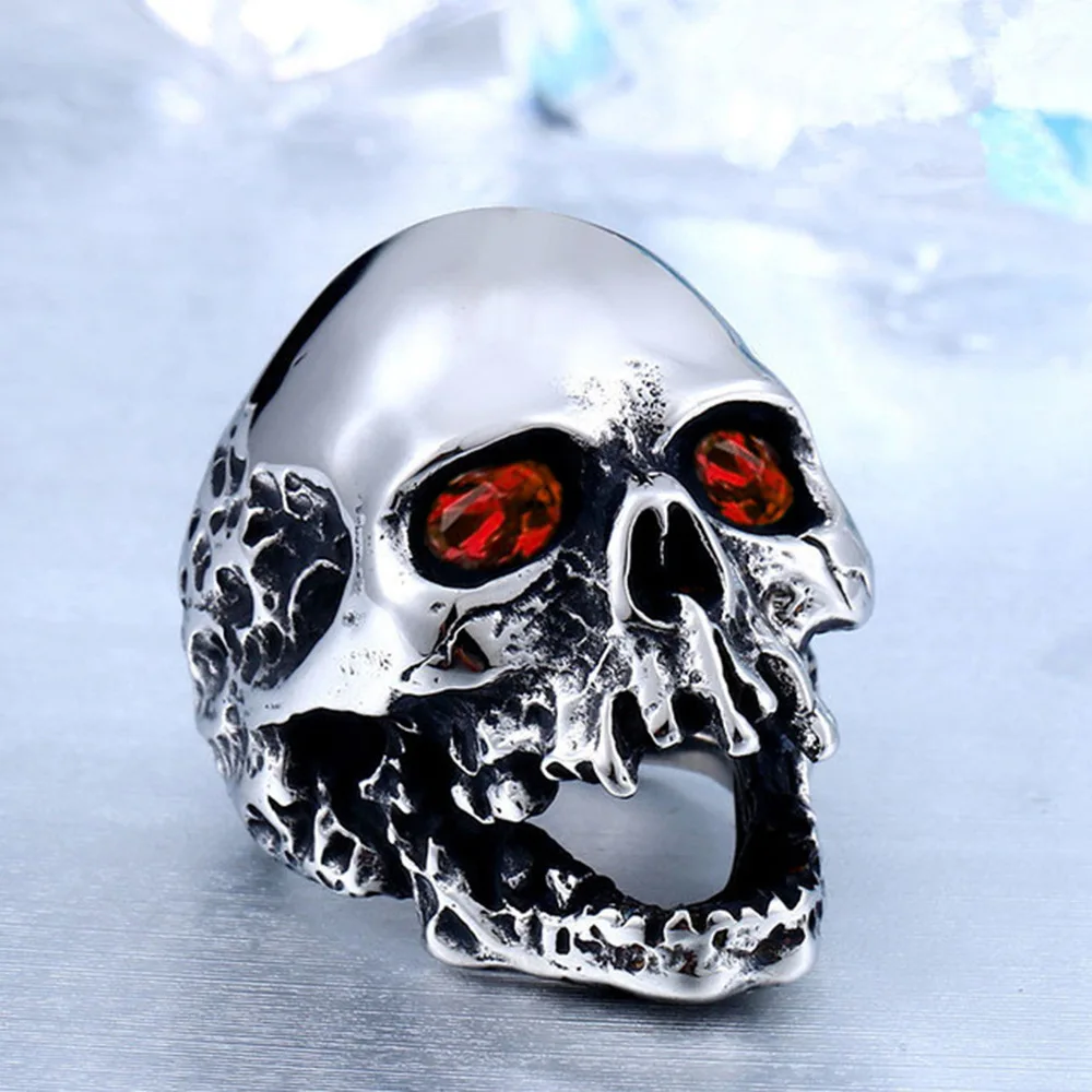 

New Terror Exaggerated Red Crystal Skull Ring Punk Men Silver Plated Ring Trend Men Hip Hop Motorcycle Party Jewelry Accessories