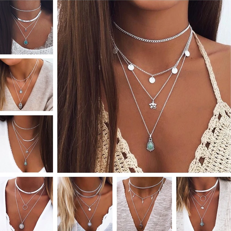 

Tenande Bohemian Multi Layered Necklace for Women Vintage Portrait Coin Star Moon Pendant Necklace Geometric Collier Collares