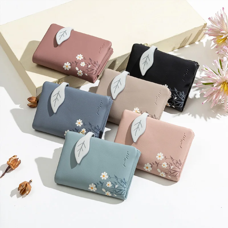 

Leaves Small Wallet Women Hasp Zipper Purse Soft Pu Leather Ladies Wallet Card Holder Mini Girl Purse Clutch #15