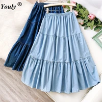 blue wash cotton denim skirt women 2021 casual loose denim a line skirt long jean skirt wild pleated skirt swing long jean skirt