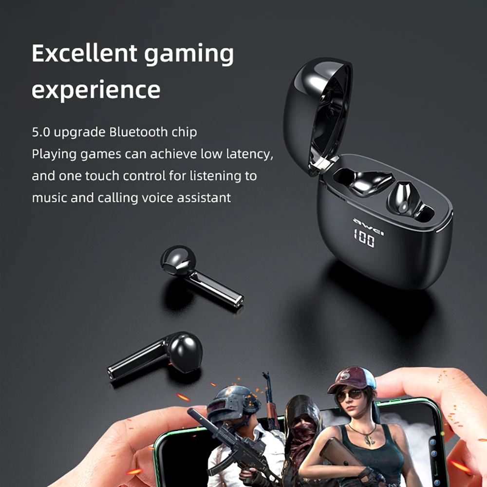 Игровые TWS Наушники AWEI T28P со светодиодный ным дисплеем беспроводные наушники