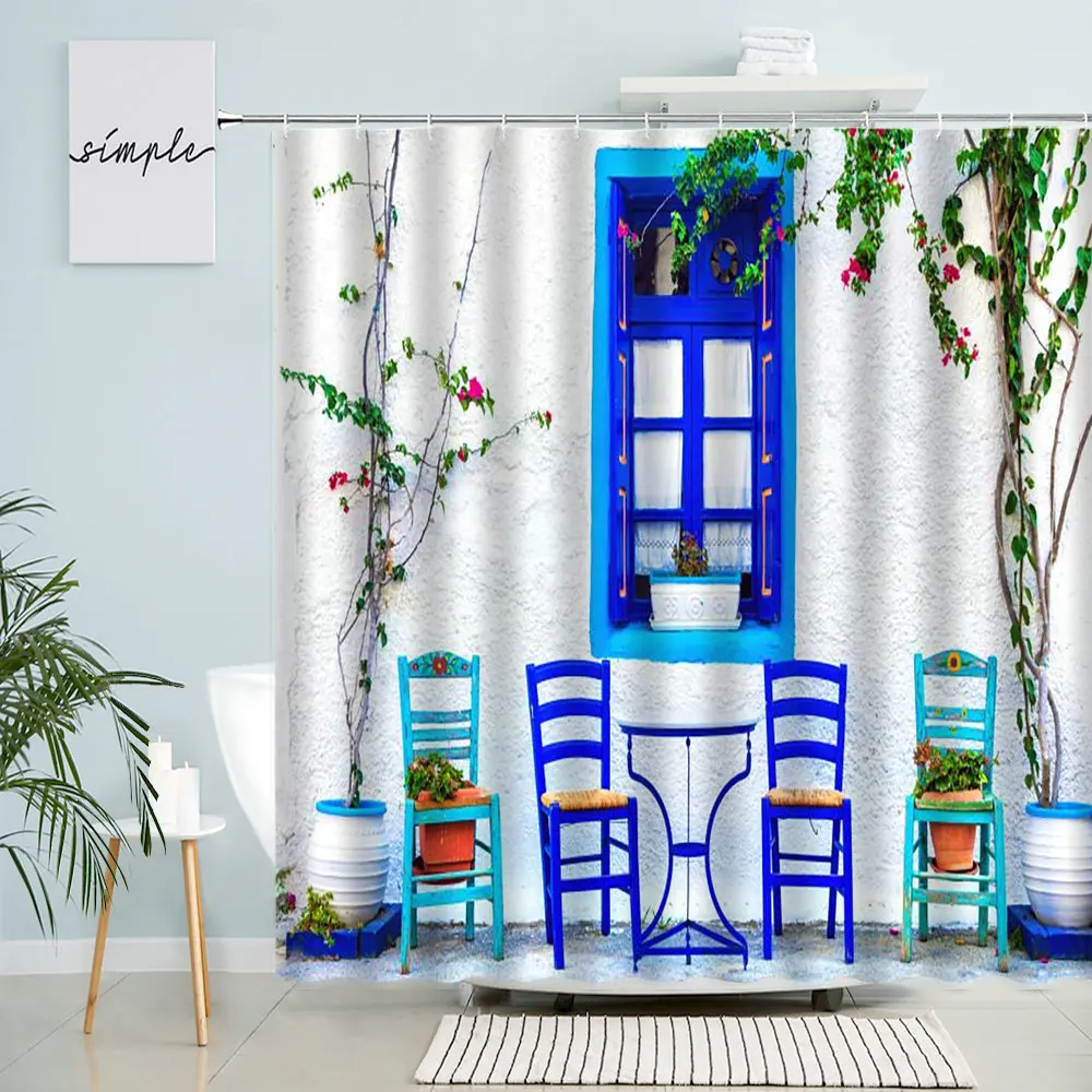 

Greece Scenery Shower Curtain Window Street View Rustic Garden Green Plants Flowers Nature Bathroom Decor Waterproof Curtains