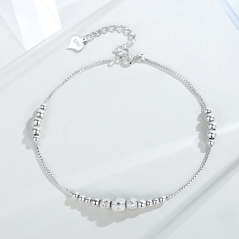 

100% Real 925 Anklets Bracelet On Leg Silver Chains Women Jewelry Foot Fashion Frosted Beads Box Chain 21 CM Adjustable Gift