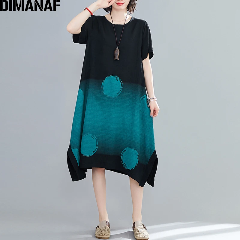 

DIMANAF Oversize Women Dress Summer Sundress A-Line Vintage Elegant Female Lady Vestidos Loose Casual Print Dresses Clothing