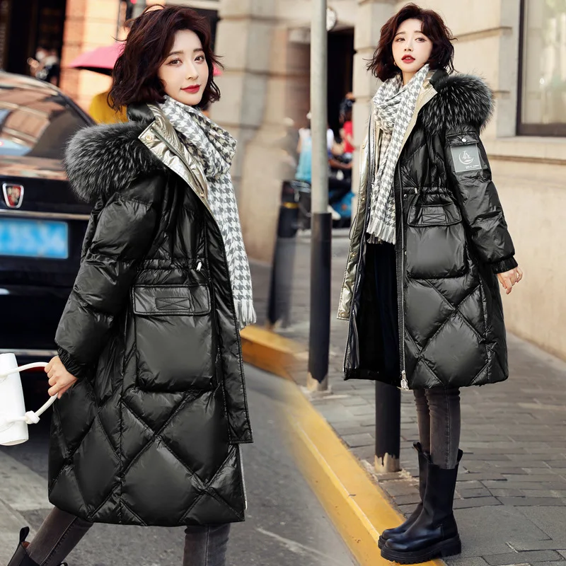 LUZUZI/Зимний Большой пуховик с капюшоном из натурального меха енота женский теплый