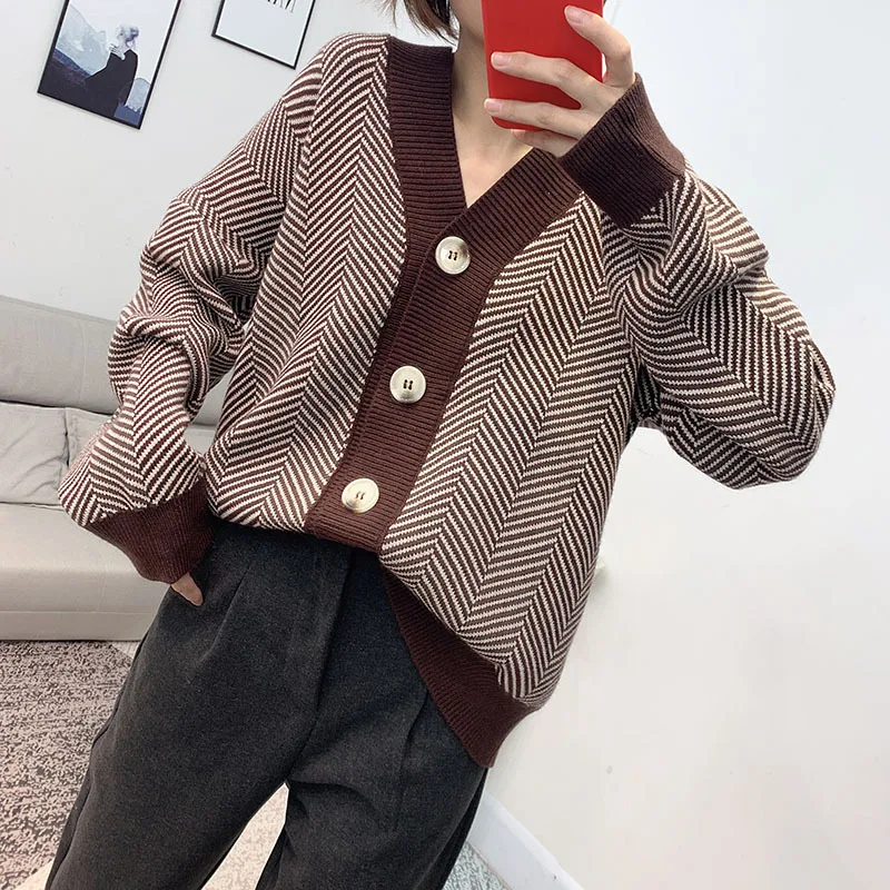 Ретро Нежный вязаный кардиган с v-образным вырезом женский свитер 2019 Осень Зима