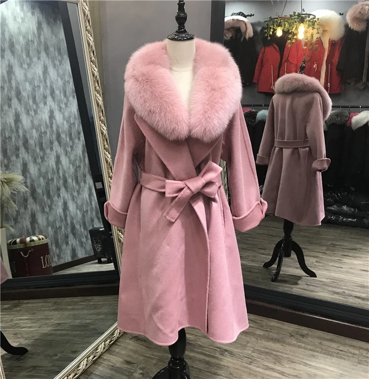 Rf0225 High Street шерстяное Женское пальто с воротником из натурального Лисьего меха с длинным рукавом и поясом шерстяное пальто