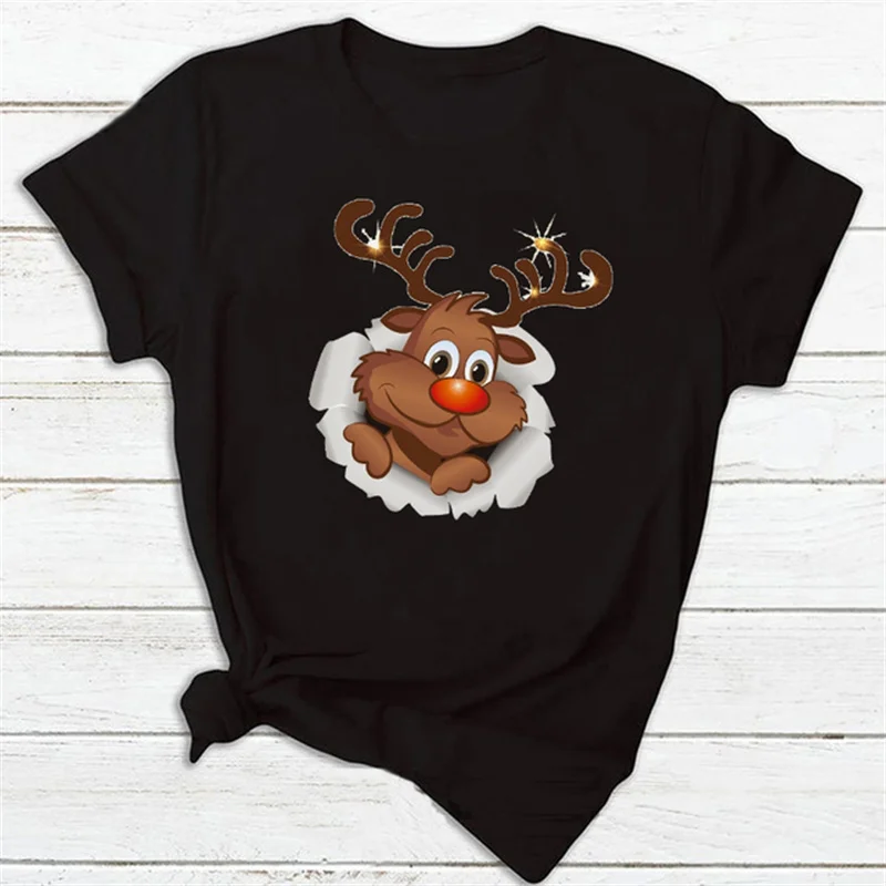 

Funny Christmas Cute Reindeer Female T-shirt Harajuku Women Black Tshirt Suitable All Seasons Casual Clothing Ladies Tee shirt