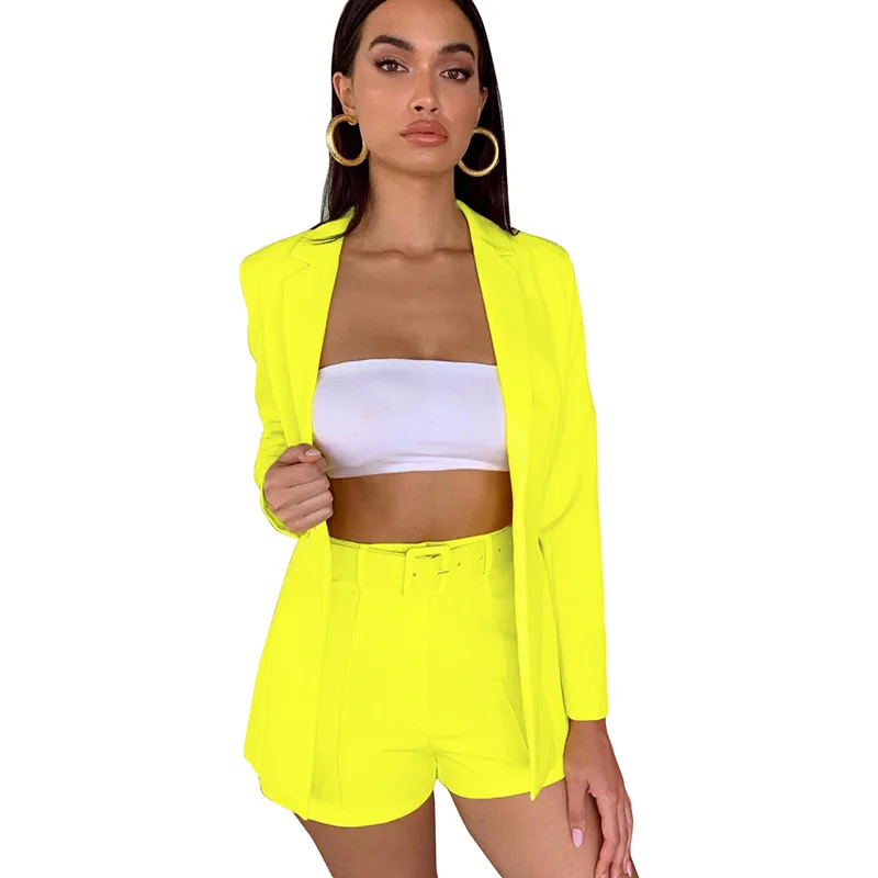 

BOVIKAY New Fashion Womens Clothing Casual Loose Suit Set High Waist Female Two Piece Set Short Suit Lady Slim Sexy Solid Blazer