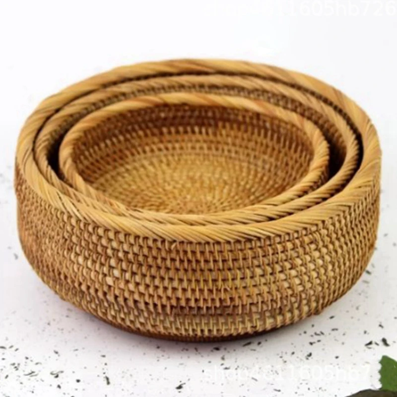 

Big deal 3PCS Rattan Fruit Basket Snack Bread Basket Round Woven Basket & 1set Rattan Dinner Plate (Three-Piece Set with Handle)