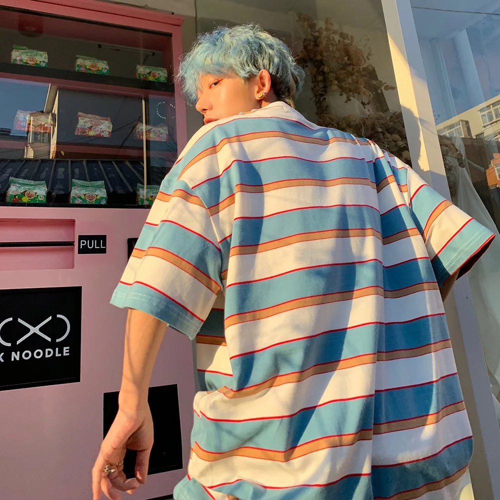 Футболка мужская с контрастными полосками и коротким рукавом модный Свободный