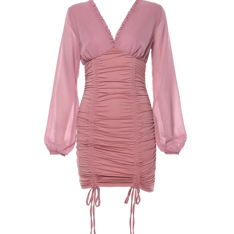 

2021 summer new mesh mid-length dress v-neck pleated drawstring halter sexy dress with wooden ears