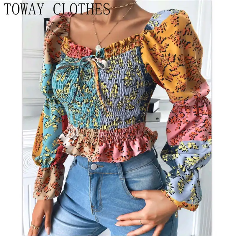 

Women Square Neck Off Shoulder Bell Sleeve Floral Print Shirring Detail Ruffles Top Chic Shirt