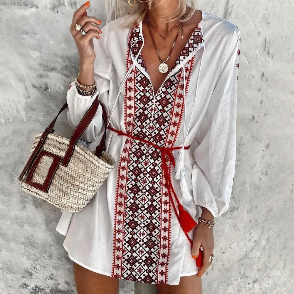 

Elegant Bohemian Floral Print Dress Vintage Women V-Neck 3/4 Sleeve Party Dress Ladies Vestido Casual Mini Dresses Streetwear