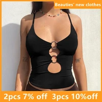 2022 fashion women%e2%80%99s summer sleeveless crop top solid color hollow ring exposed navel t shirt skinny sexy ladies new tees