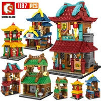 city street view building blocks classic architecture tavern smithy shop house model bricks diy assembly toys for kids