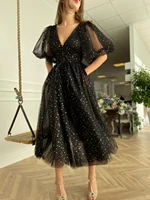 bridalaffair black starry tulle short prom dresses with puffy sleeves 2021 newest glitter homecoming dresses