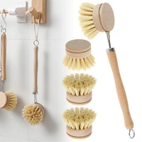 kitchen wooden long handle natural dish scrub brush set with 4 replacement brush heads for pans pots bowl kitchen sink cleaning