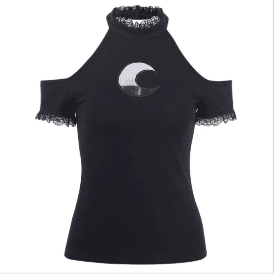 Женская футболка с коротким рукавом готическая Черная открытыми плечами и