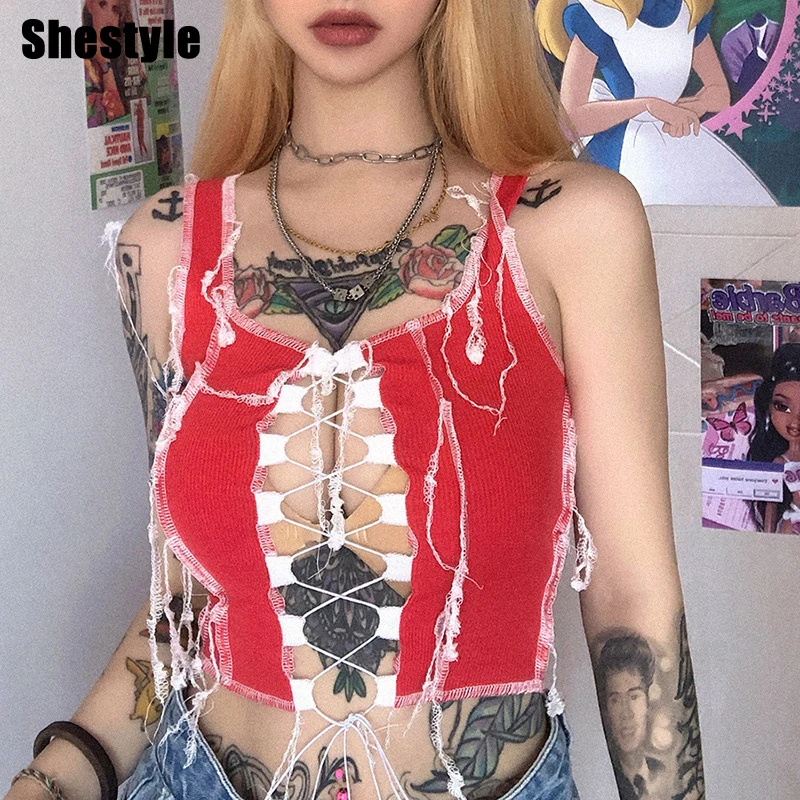Майка Shestyle женская с U образным вырезом пикантный красный топ в стиле пэчворк на