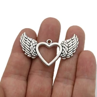 10pcs antique silver plated heart wings charms pendants for jewelry making bracelet diy accessories 42x28mm