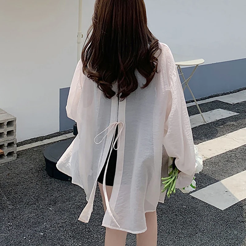 

Vintage Black Split Blouse Women Summer Long Sleeve See Through Tops and Blouses Casual Loose Shirts chemise femme