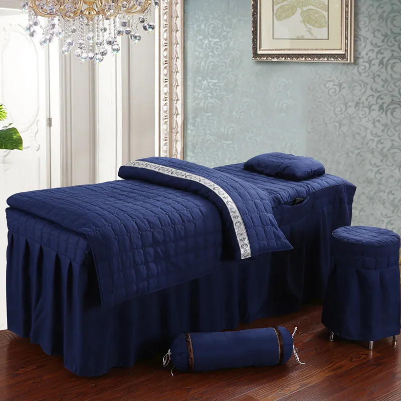 

4pcs Beauty Salon bed set massage bedding set Brief checked bed sheet Bed Skirt Bedspread Bed Cover with Hole