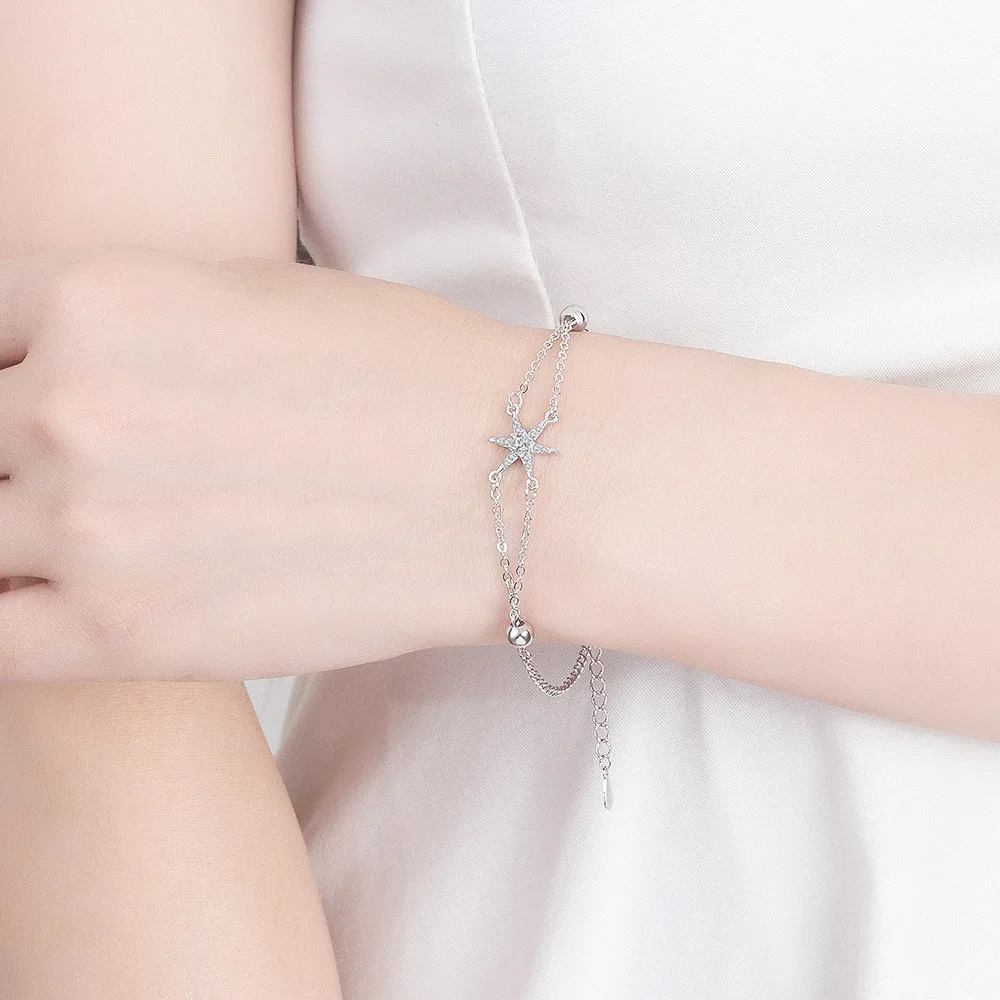 

925 Sterling Silver Crystal Star Round Bead Charm Bracelet &Bangle For Women Girls Wedding Party Jewelry Bijoux Femme SL318