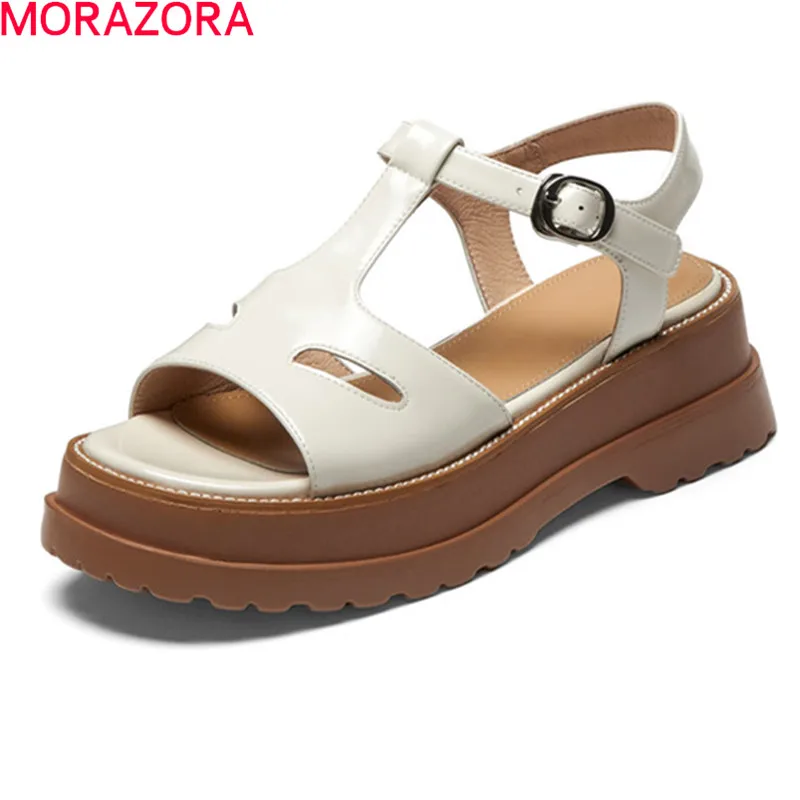 

MORAZORA Big Size 34-42 Women Sandals Square Heels Round Toe Platform Sandals For Woman Summer Genuine Leather Shoes