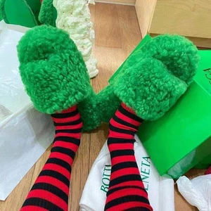 2022 Winter Women House Furry Slippers Fashion Faux Fur Warm Shoes Slip on Flats Female Home Slides Green Plush Indoor 36-42