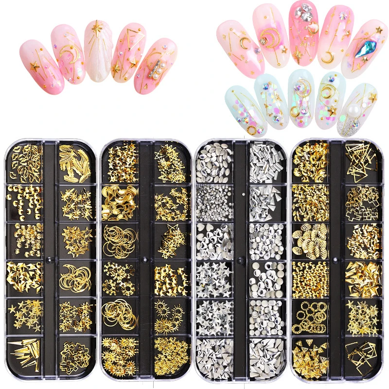 12 Grid Nails art accesorios AB Clear Rhinestones 3D glitter gems Pearl DIY manicure decoration nail supplies for professionals