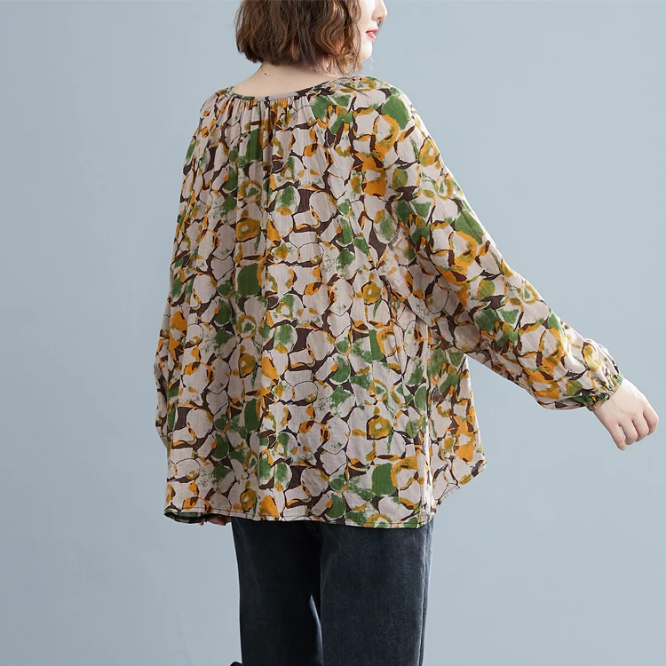 

COIGARSAM Vintage Print Women T Shirt Loose V-Neck Tee Tops 1239