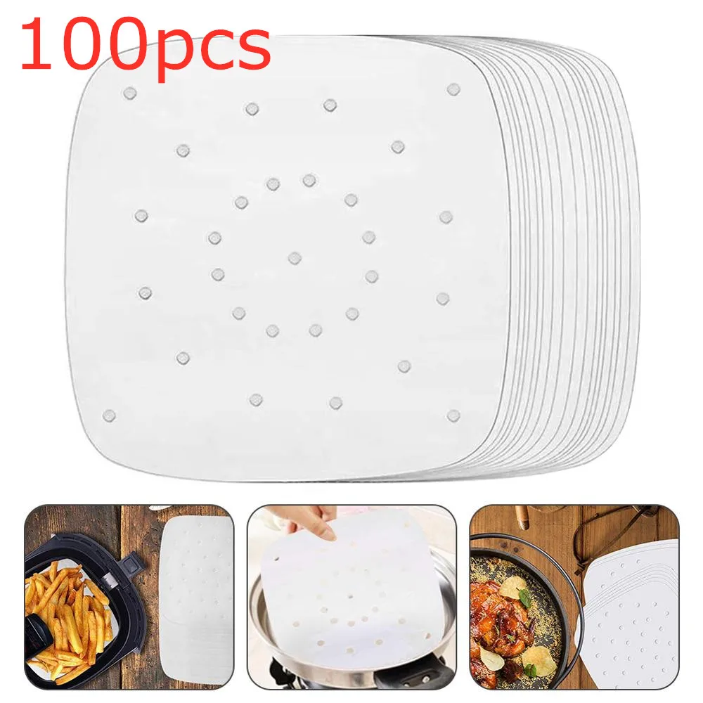 

100Pc Air Fryer Steamer Liners Premium Perforated Wood Pulp Papers Non-Stick Steaming Basket Mat Baking Cooking Tools