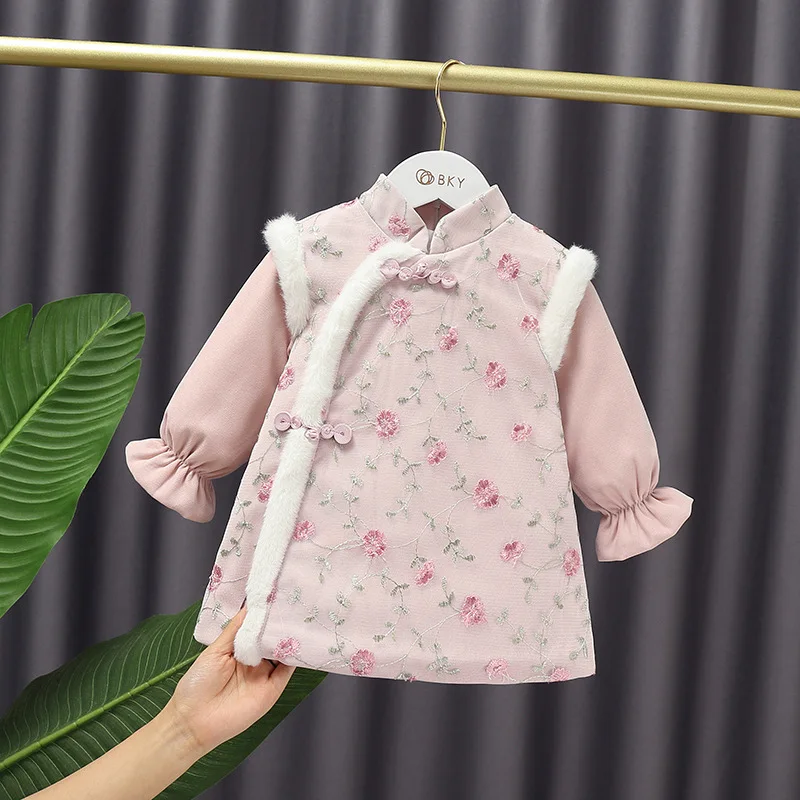 

Children's Dress Baby girls embroidered pink princess dress winter add velvet dress in the New Year Kids