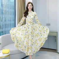 korean version of fashion slimmed down long sleeved womens mid length collection waist chiffon shredded flower dress tide