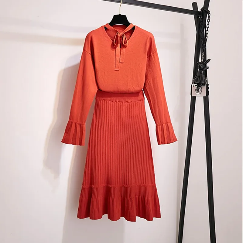 Осенне весенний женский элегантный свитер пуловер + плиссированная юбка