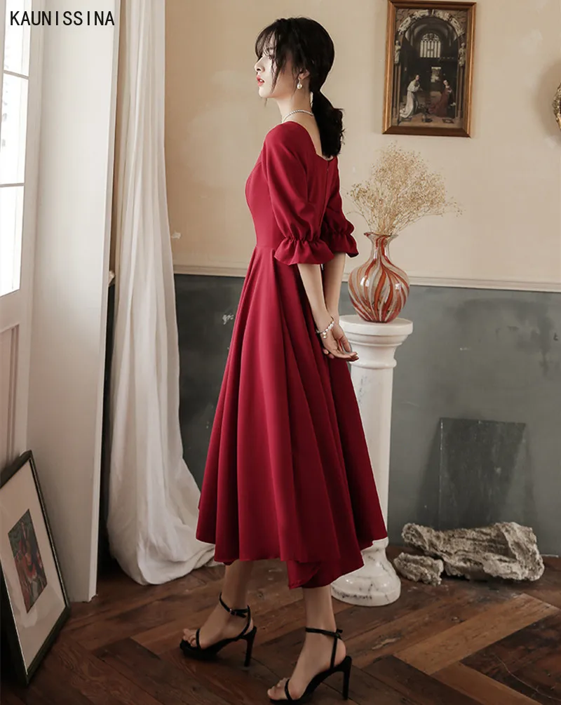 

KAUNISSINA Vintage Cocktail Dresses Wine Red Formal Dress Half Sleeve Square Collar Tea-Length Party Gowns Cheap Vestidos Robe