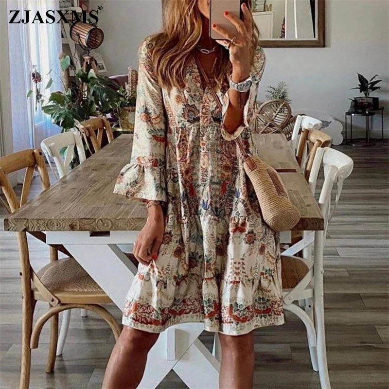 

Женское вечернее платье в стиле бохо, винтажное платье мини с V-образным вырезом и цветочным принтом, с широким рукавом и оборками, весна 2021, 3...