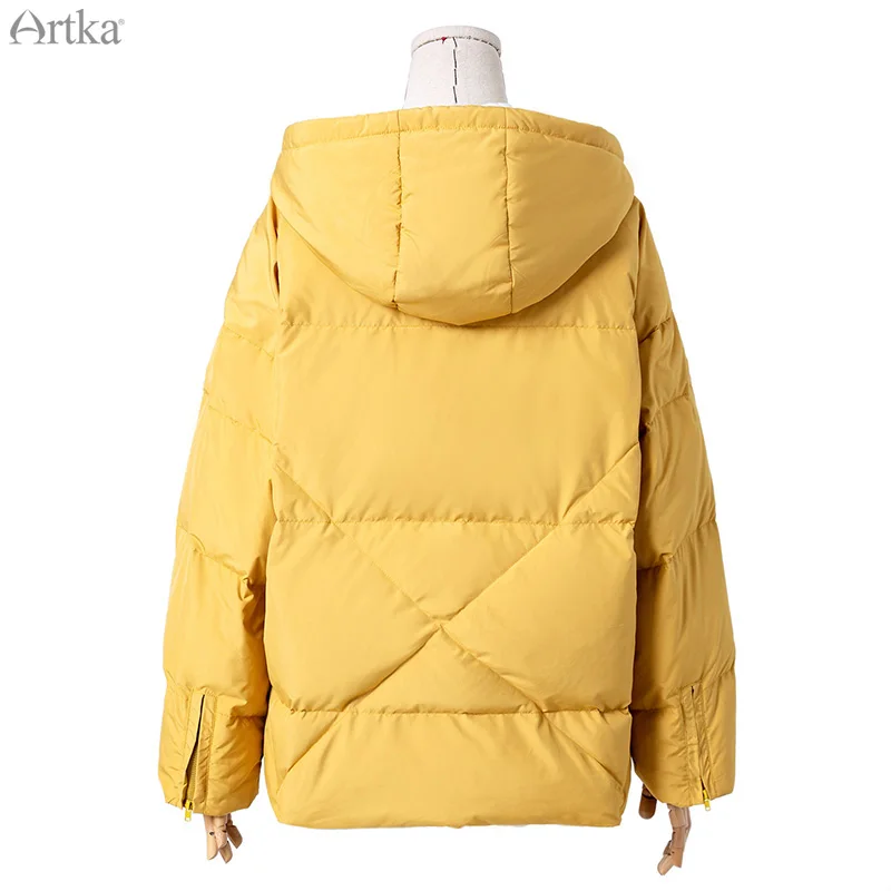 ARTKA зима новое женское пуховое пальто 90% белый утиный пух очень теплая куртка желтое повседневное плотное пуховое пальто с капюшоном DK10398D