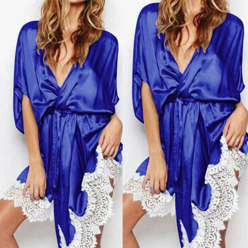 

Women Summer Sleepwear Medium Long Section Lace Home Service Sexy Loose Bathrobe Short Sleeves Faux Silk Pajamas