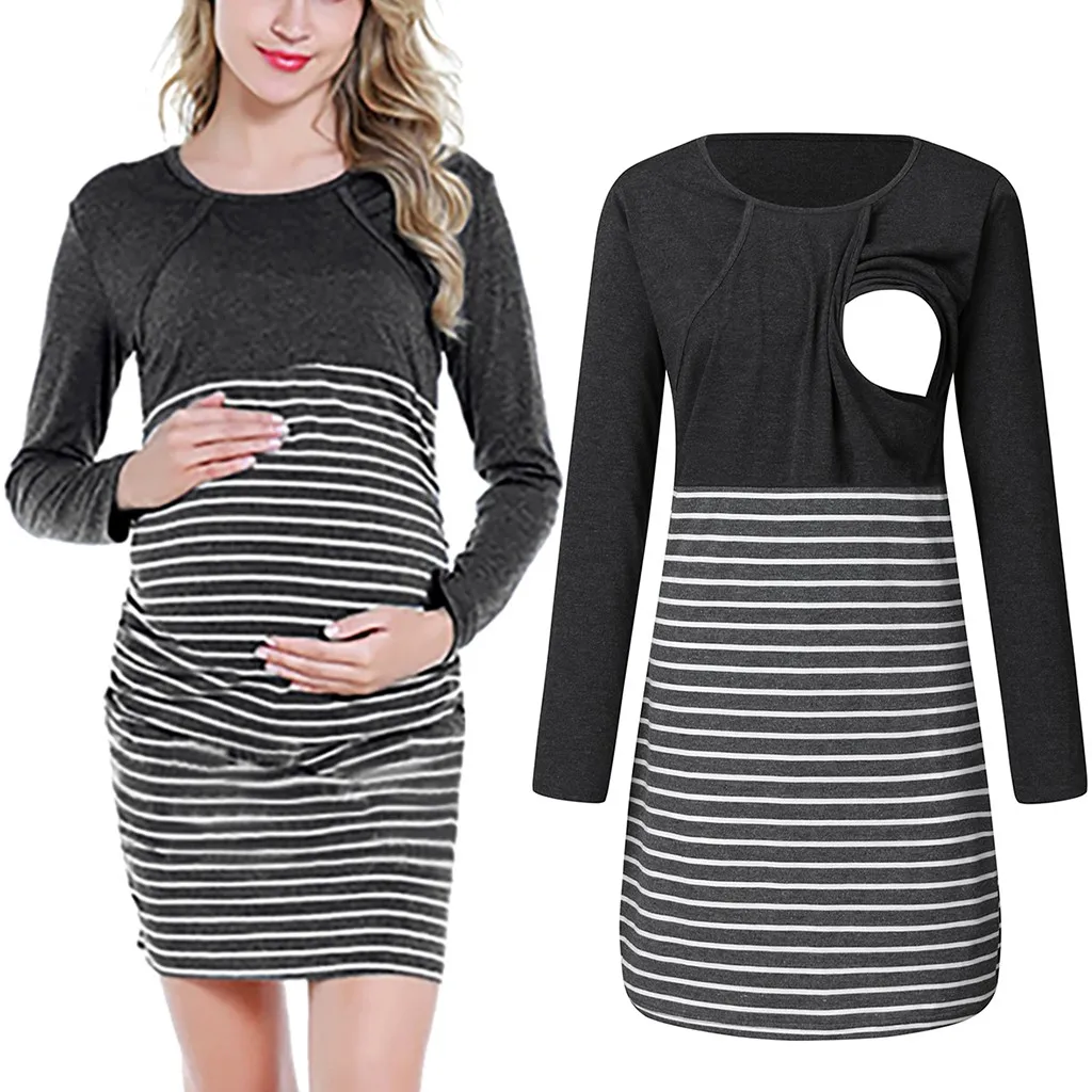 

Women Dress 2019 Women Maternity Long Sleeve Striped Print Layer Nursing Dress For Breastfeeding