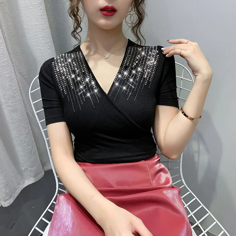 

Женские топы, футболки, хлопковые офисные женские летние футболки с коротким рукавом 2020, Женские однотонные футболки со стразами и V-образны...