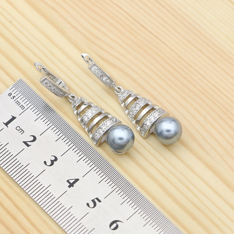 Grey Pearl White Cubic Zirconia 925 Silver Jewelry Set For Women Party Accessories Earrings Ring Pendant Necklace Kit | Украшения и