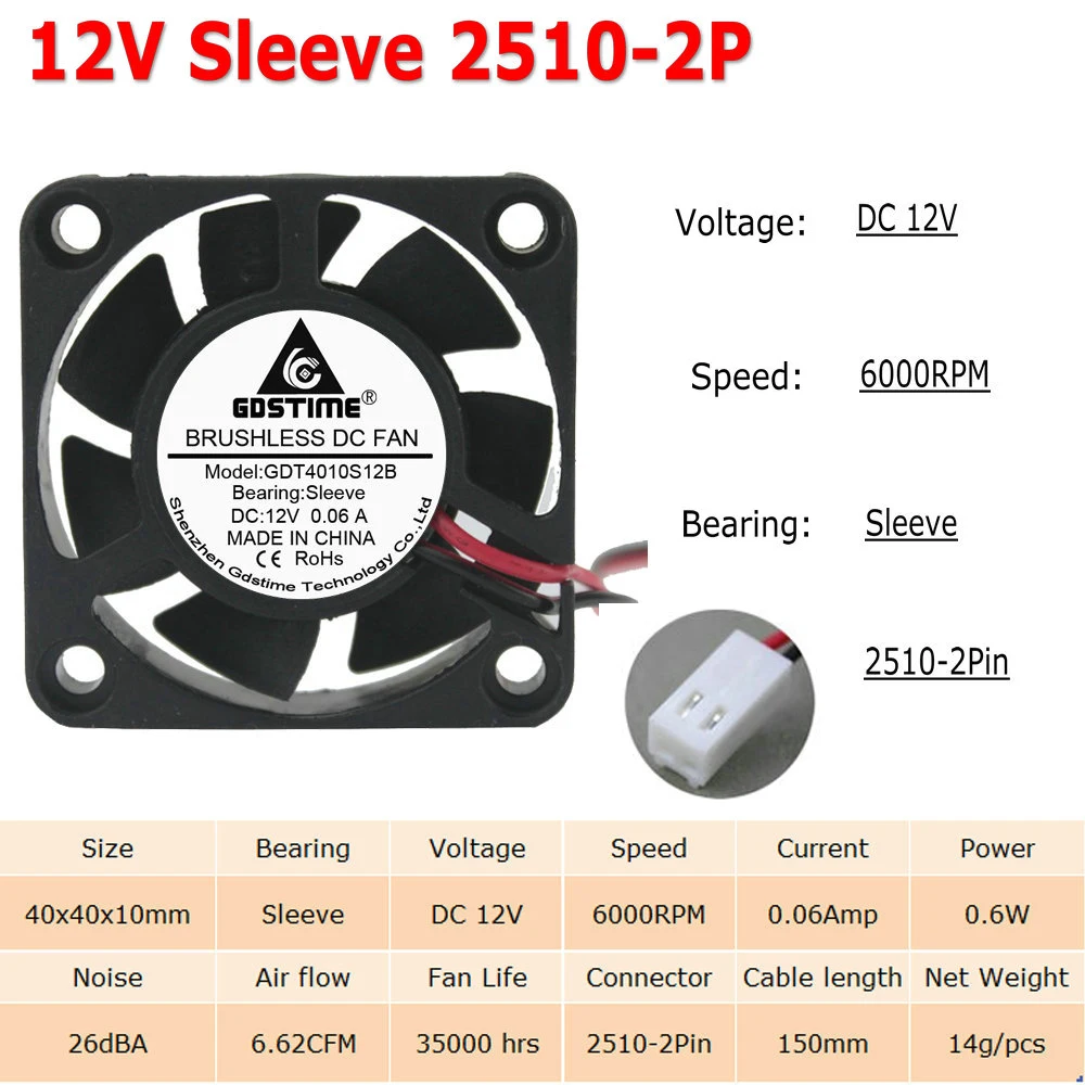 10 шт./Партия Кулер 40x40x10 мм 4010 2Pin 3Pin Dupont USB 5 в 12 В 24 в 40 мм 4 см DC чехол для компьютера Бесщеточный вентилятор охлаждения Втулка с отверстиями для шариков - Цвет лезвия: 12V Sleeve 2510-2P