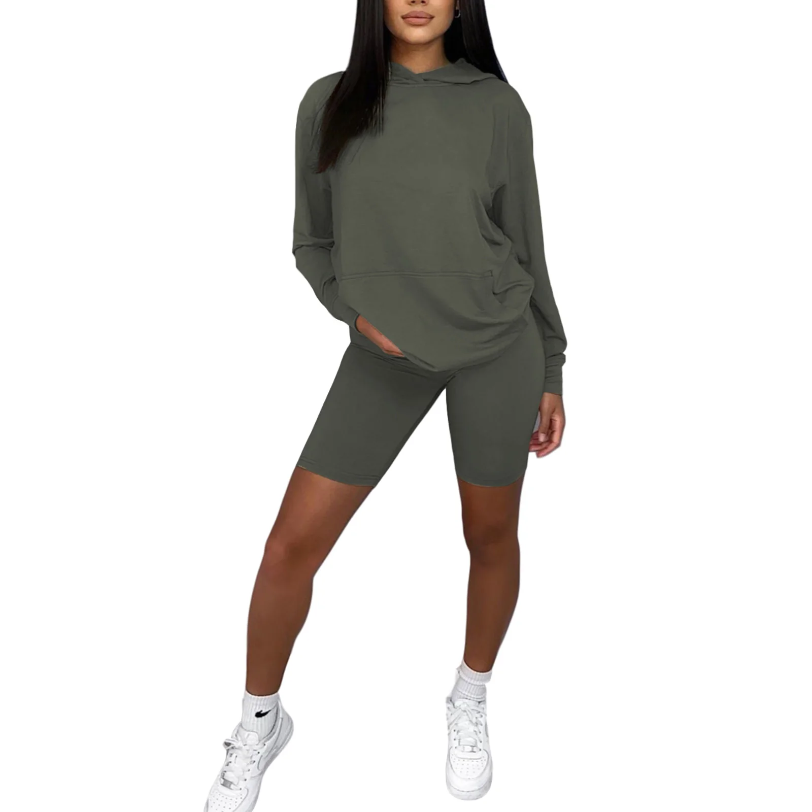 

Women Casual Sports 2-piece Outfit Set Long Sleeve Pocket Hoodie+Shorts Set for Ladies
