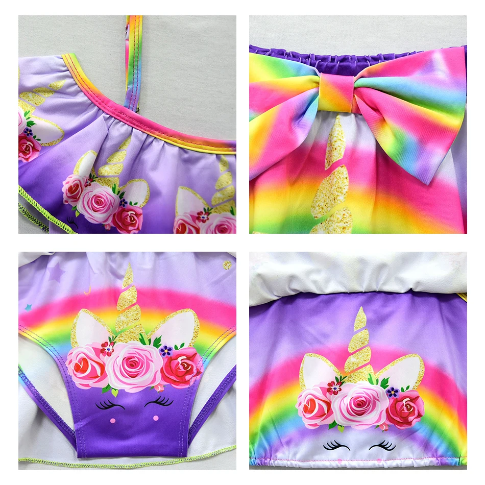 

Cute Rainbow Unicorn Swimsuit for Girls Floral Print 2Pcs Clothing Flying Sleeve Tops+Bow Short Skirt Children's Swimwear 3-10Y